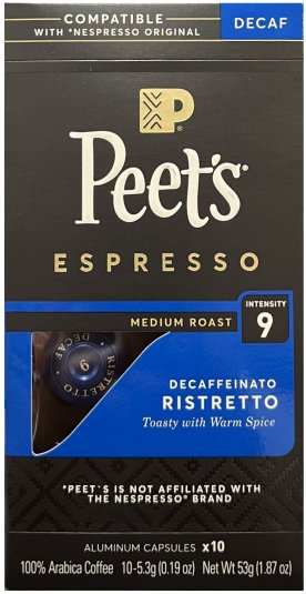 (image for) PEET'S ESPRESSO DECAFFEINATO RISTRETTO COFFEE MEDIUM ROAST INTENSITY 9 CAPSULES