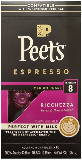 (image for) PEET'S ESPRESSO RICCHEZZA COFFEE MEDIUM ROAST INTENSITY 8 CAPSULES