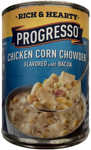 (image for) PROGRESSO RICH & HEARTY CHICKEN CORN CHOWDER FLAVORED WITH BACON